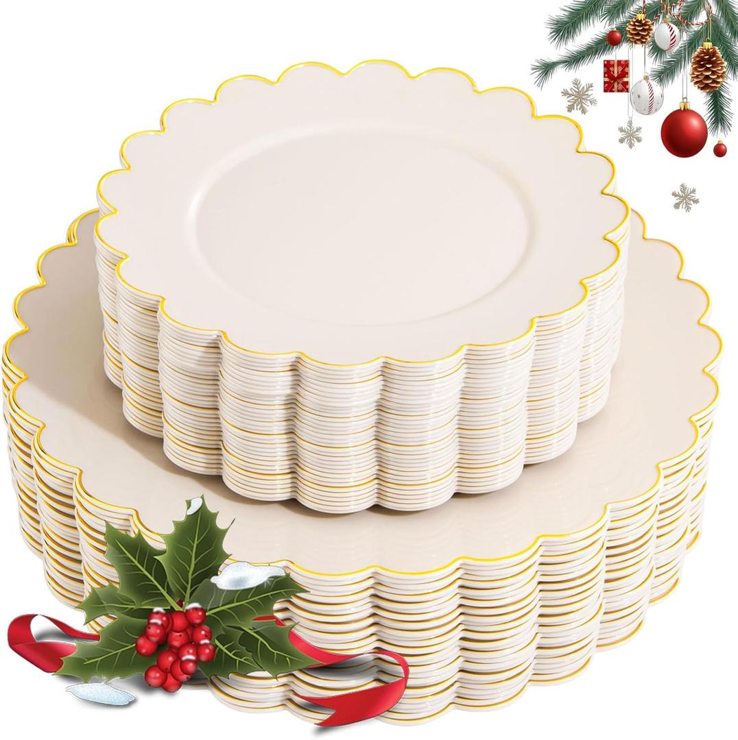 LIYH 60 Pcs Ivory and Gold Scalloped Plastic Plates - Disposable Fancy Combo Plates Includes 30 Dinner Plate 10.25" and 30 Dessert Plate 7.5" Plastic Heavy Weight Party Tableware Dishes