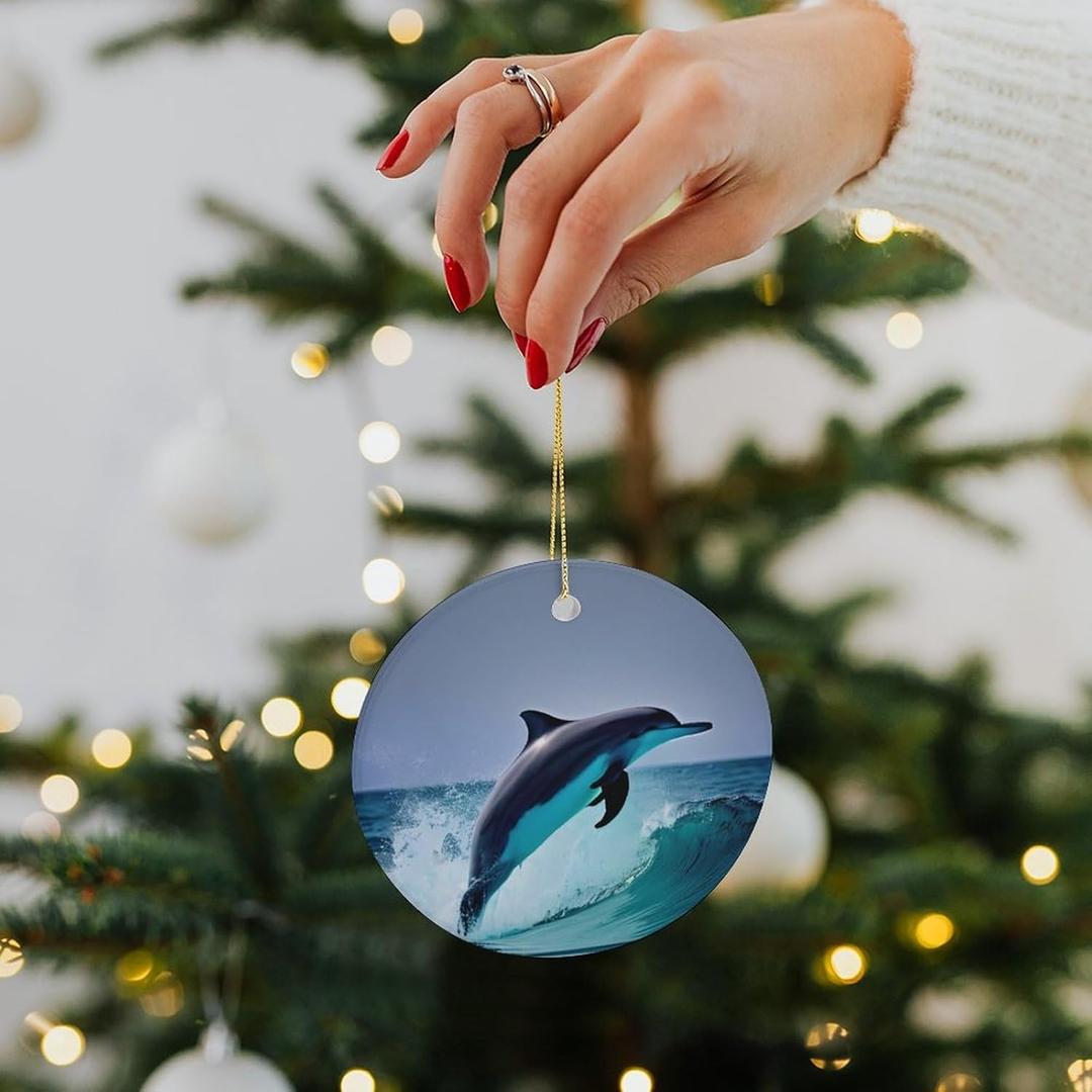 Dolphin Christmas Ornament, FOKEZIAH 2.8 * 2.8 Inch Ceramic Dolphin Ornaments for Christmas Tree