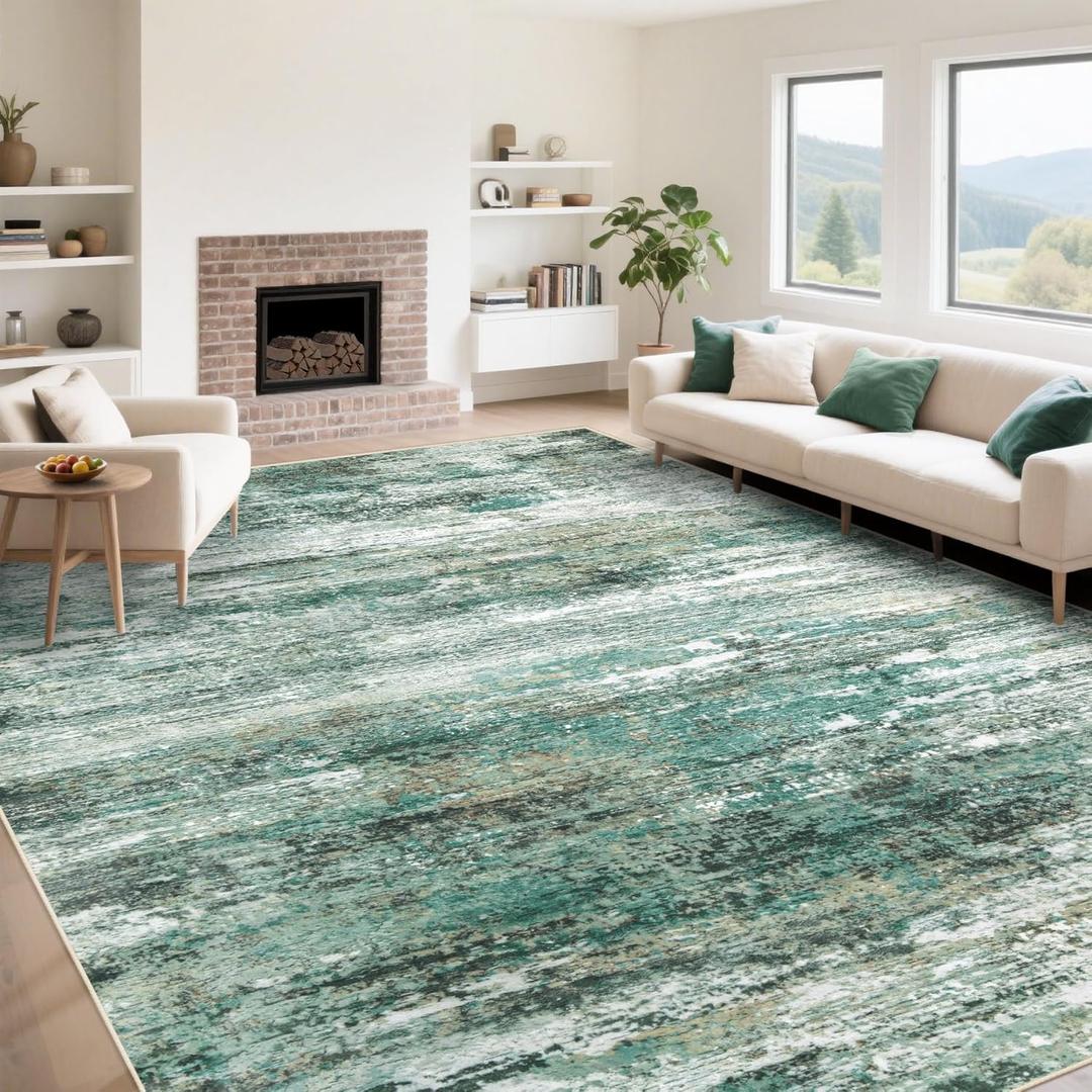 9x12 Area Rug for Living Room, Washable Modern Abstract Large Area Rug Neutral Soft Non Slip Kids Rug Stain Resistant Indoor Carpet for Bedroom Dining Room Playroom Office(Green, 9'x12')