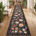 DUKINO 2x12 Washable Runner Rug, Ultra Soft Floral Runner Rug for Hallway, Boho Non Slip & Non Shedding Indoor Entryway Carpet for Kitchen, Laundry Room, Bathroom, Bedroom, Entrance, Black