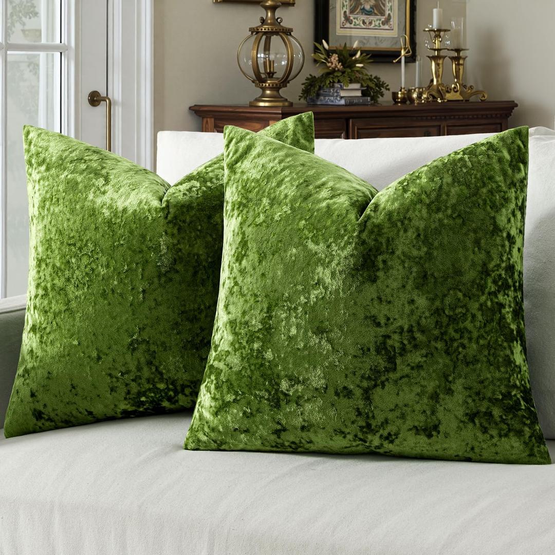 MIULEE Velvet Throw Pillow Covers Set of 2, Soft Neutral Decorative Spring Pillow Cases with Luxurious Textured Vintage Cushion Covers for Home Decor Couch Sofa Bed, Moss Green 18x18 Inch