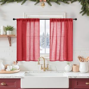 BGment Red Linen Kitchen Curtains Window Over Sink, Short Semi Sheer Drapes with Rod Pocket Lightweight for Cafe Bathroom Windows, 2 Panels Set, Each 30 Inch Wide,30"W x 36"L (Pack of 2), Red