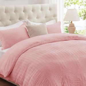 Cozyide Pink Duvet Cover Full Size, 3 Pieces Bedding Duvet Covers, Soft Breathable Seersucker Duvet Cover Set with Zipper Closure and Corner Ties (1 Duvet Cover 80"x90" + 2 Pillow Shams 20"x26")