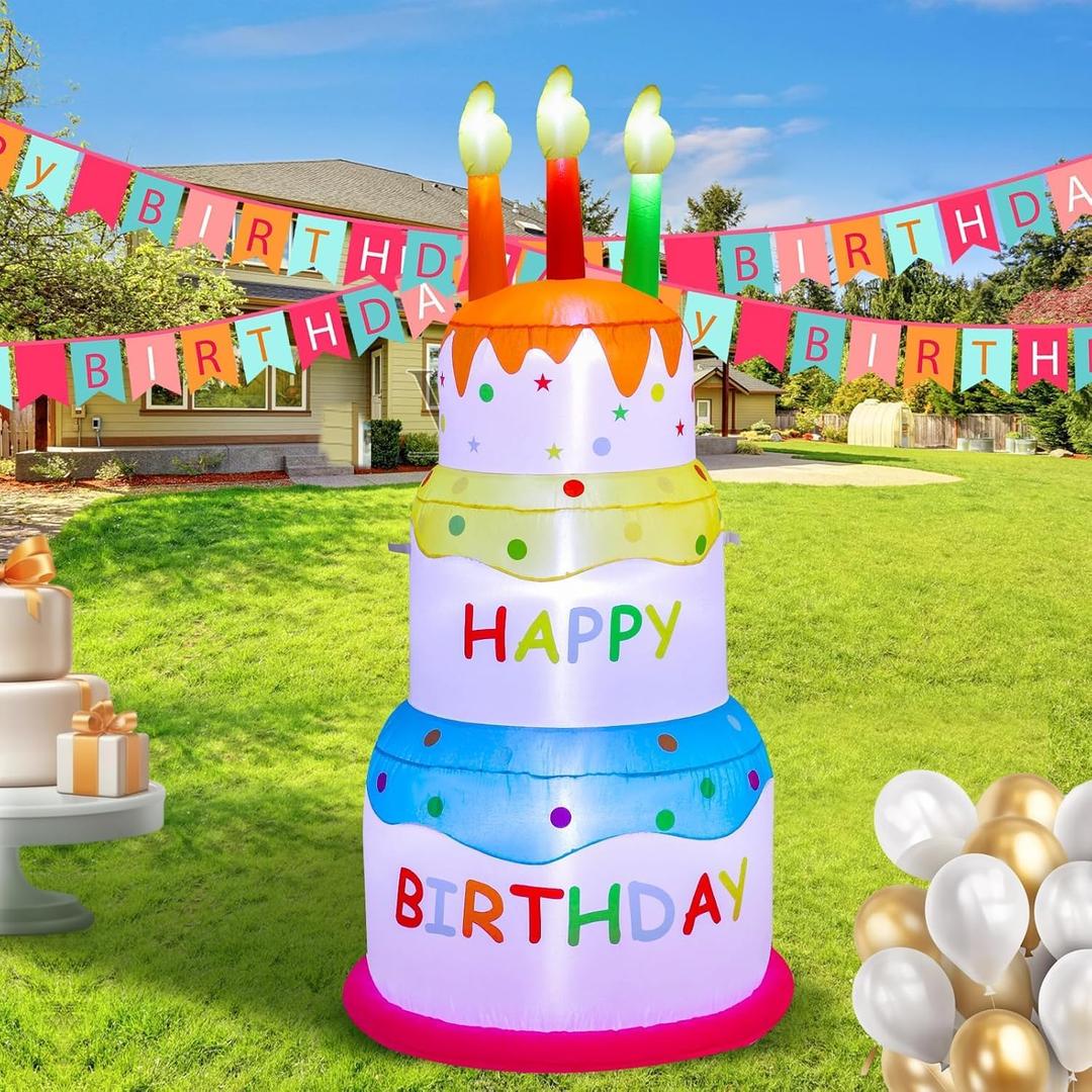 6FT Happy Birthday Inflatable Cake with Candles Built-in LED Lights Blow Up Yard Decoration for Indoor Outdoor Garden Lawn Patio Party Holiday