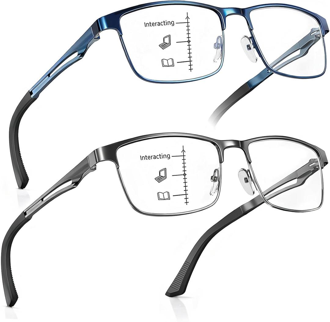 SKYFUEN Unbreakable Progressive Reading Glasses Men Multifocus Metal Full Frame, Blue Light Blocking/UV400 Protection Computer Readers with Durable Flexible Spring Hinges, Gunmetal+Blue, 1.50x