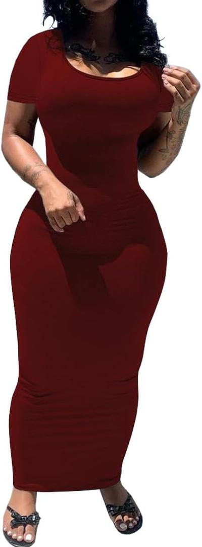 PINSV Women's Casual Bodycon Maxi Dress Summer Scoop Neck Short Sleeve Long Fitted Dresses Club Party (Large, Solid Wine Red)