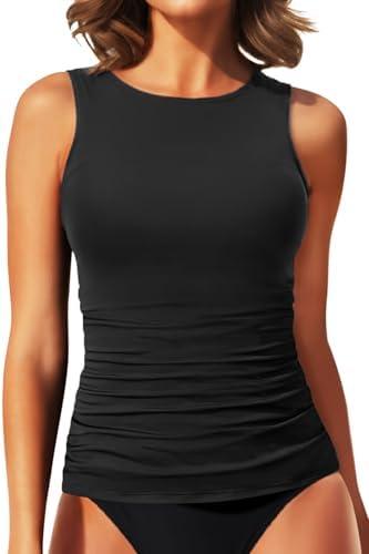 Daci Tankini Tops for Women High Neck Swim Top Tummy Control Bathing Suit Top Modest Swim Tank Top No Bottom, Black, Size S