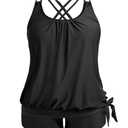 Holipick Women Plus Size Tankini Swimsuit - Two Piece Bathing Suits Tummy Control Blouson Tankini Top with Boy Shorts Size M