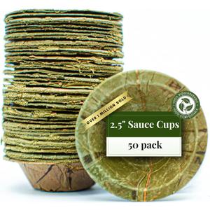 TAPARI Disposable Sauce Ramekins - 50 Pack Mini Sauce Pots - 2.5 Inch - Sturdy, Eco-Friendly - Home Compostable & Biodegradable Souffle cups for Parties & Containers for Dips - Sal Leaf - 1 Fl Oz