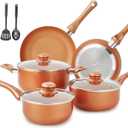 Pots and Pans Set Ultra Nonstick, Pre-Installed 11pcs Cookware Set Copper with Ceramic Coating, Stay cool handle & Nylon Kitchen Utensils, Gas/Induction Compatible, 100% PFOA Free