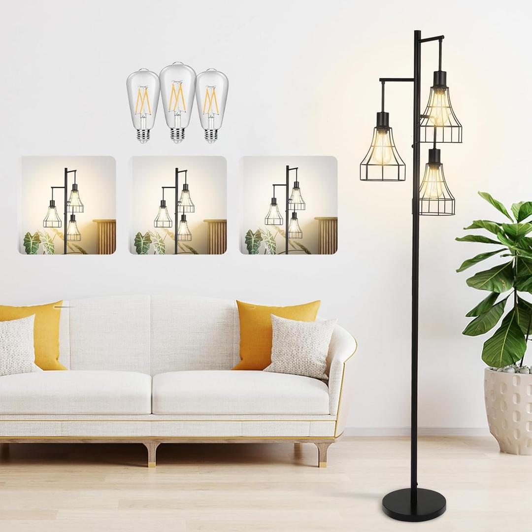 Dimmable Floor Lamp,70 Farmhouse Rustic Standing Tree Lamp with 3 LED Edison Bulbs,Industrial Modern Tall Lamp with Elegant Cage for Living Room Corner Bedroom Office Reading