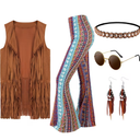 5pcs 60s 70s Costume Set for Women - Hippie & Disco Outfits with Fringe Vest, Boho Flared Bell-Bottom Pants, Complete Retro Dance Party Wear for Carnivals, Themed Events & Costume Parties (Vintage Bohemian Ensemble), Size XL