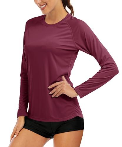 MAGCOMSEN Workout Shirts for Women Athletic Shirts for Women UV Shirts for Women Long Sleeve Shirts Casual Running Shirts Fishing Shirts Women Wine Red,XL