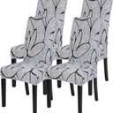 SearchI Dining Room Chair Covers Set of 4, Stretch Printed Parsons Chair Slipcovers Spandex Removable Washable Kitchen Chair Protector Cover for Dining Room, Hotel, Ceremony (Grey Lotus+White Texture)
