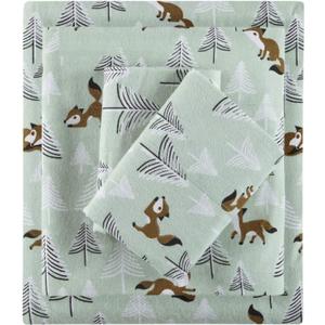 Intelligent Design Cozy Soft 100% Cotton Flannel Print Animals Stars Cute Warm, Ultra Soft Cold Weather Sheet Set Bedding, Twin XL, Seafoam Foxes 3 Piece