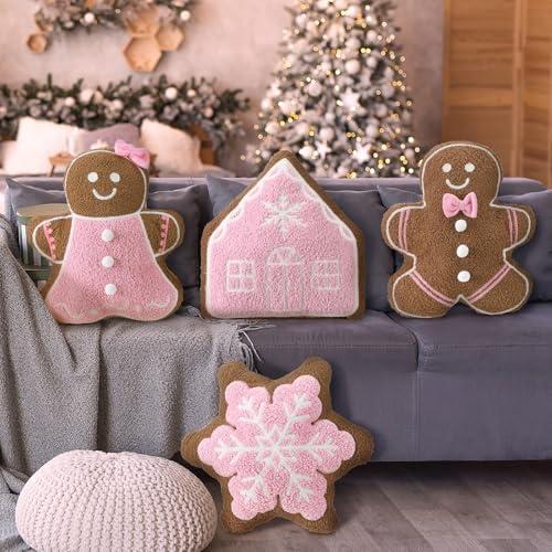 HunnmingRe 3 Pcs Christmas Throw Pillows Plush Gingerbread Men Gingerbread House Snowflake Shaped Pillow for Christmas Winter Holiday Party Outdoor Bedroom Cushion Decoration(Pink)