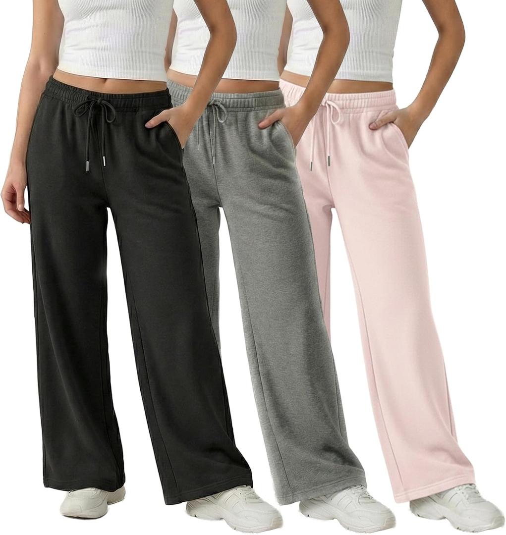 Common Stitch 3 Pack Wide Leg Fleece Lounge Sweatpants for Women Deep Pockets, Relaxed Fit, Elastic Drawstring Waist (Black / Med. Heather Grey / Light Pink), Size: XL