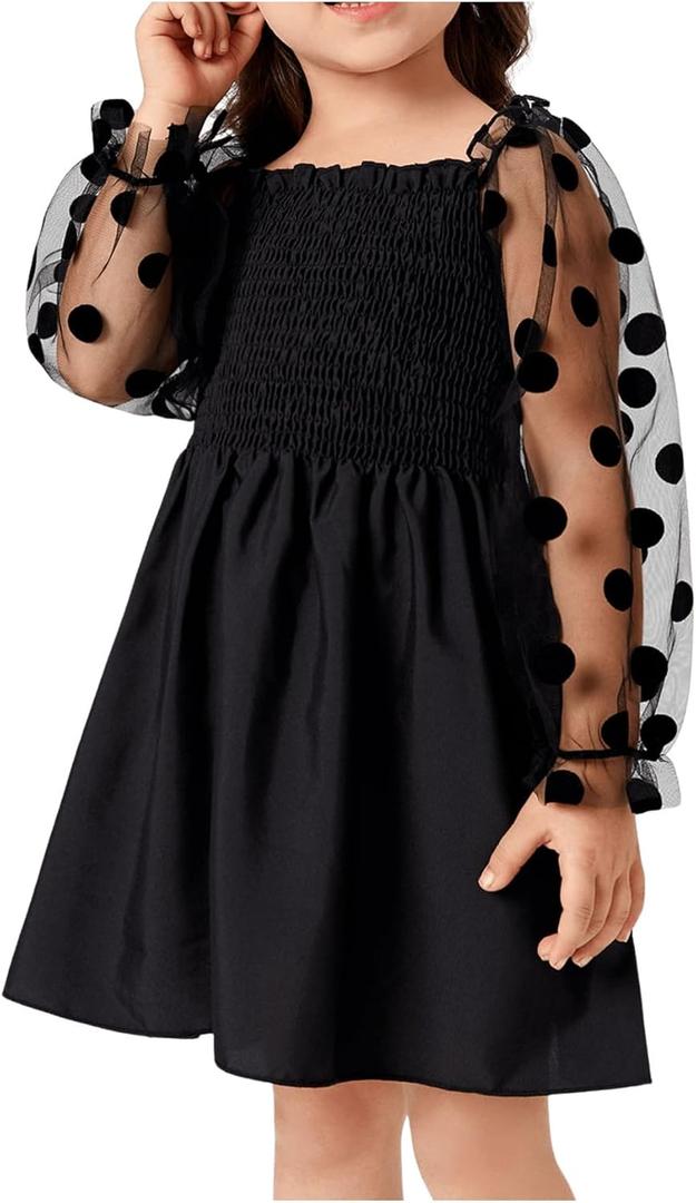 WDIRARA Toddler Girl's Polka Dots Mesh Flounce Long Sleeve Flared Shirred Dress (4T, Black)