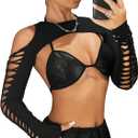 GORGLITTER Women's Cut Out Super Crop Top Bolero Long Sleeve Crew Neck T Shirt Shrug Tops (Black, S)