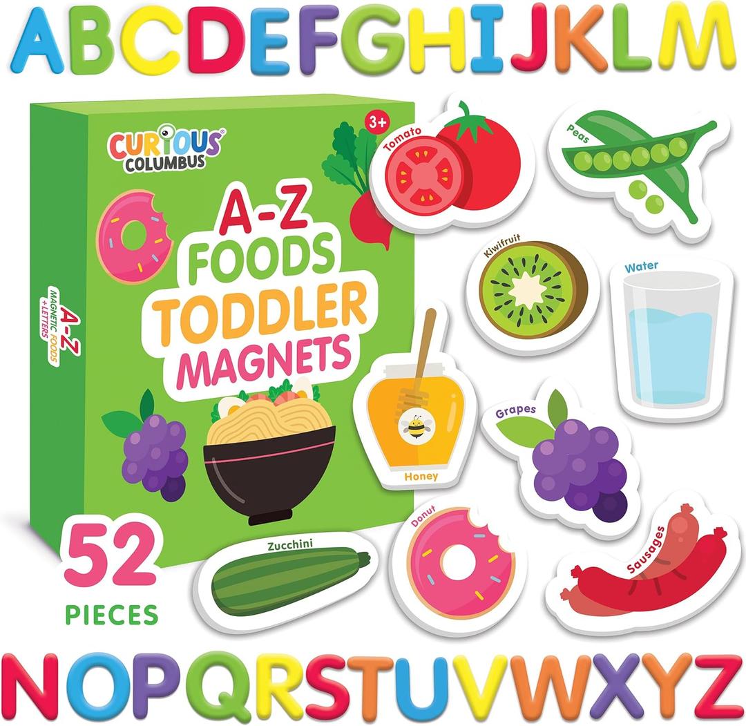 Curious Columbus Toddler Magnets  Set of 52 Fridge Magnets for Kids  Includes 26 Large Foam Food Pieces and 26 ABC Alphabet Letters for Learning and Play Curious Columbus Toddler Magnets  Set of 52 Fridge Magnets for Kids  Includes 26 Large Foam Food Pieces and 26 ABC Alphabet Letters for Learning and Play