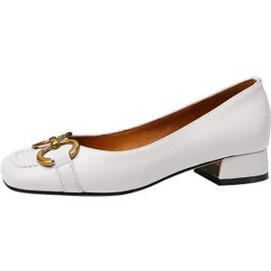 Beauty Cry Women's Low Chunky Block Heel Pumps White Ballet Flats Slip on Square Closed Toe Thick Ballerina Heels Leather Horsebit Classic Casual Comfortable Work Ladies Dressy Flat Shoes, 7