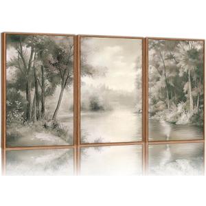 Yeehomedec Vintage Nature Landscape Framed Canvas Wall Art Set, Rustic Misty Forest Sketch Wall Decor, Neutral Wooden Trees Art Print, Retro Foggy Scenery Artwork for Living Room Bedroom Office 16"x24"x3
