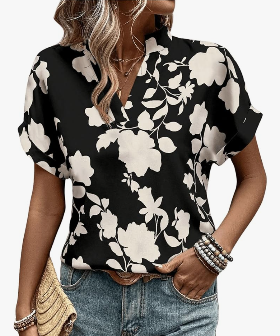 SweatyRocks Women's Floral Print V Neck Shirts Short Sleeve Casual Blouse Tops
