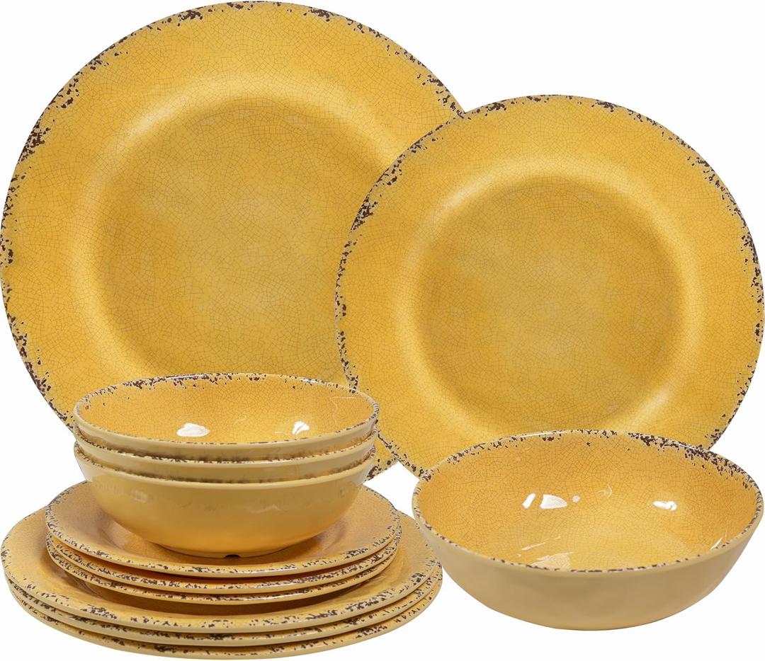 12-Piece Rustic Melamine Dinnerware Set With Dinner Plate, Salad Plate And Large Capacity All Purpose Bowls,Service for 4, Indoor And Outdoor Use, Yellow