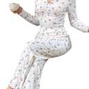 SweatyRocks Women's Floral Pajama Set Ruched Long Sleeve Top and Pants Pjs Set Sleepwear Loungewear (White, XL)