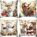 Christmas Pillow Covers 18x18 inch Set of 4, Christmas Decorations Snowman Santa Elk Sleigh Truck Plaid Winter Holiday Decor, Merry Christmas Throw Cushion Cases for Sofa Couch Living Room Home Decor (White)