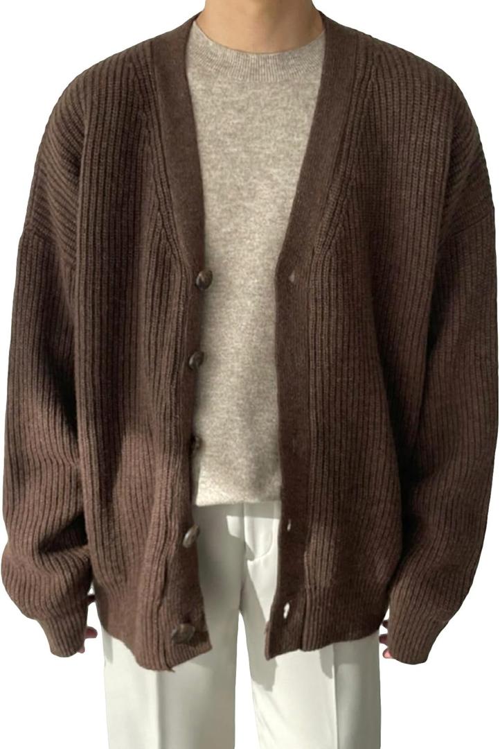 Floerns Men's Casual Long Sleeve Button Front V Neck Rib Knit Cardigan Sweaters (Medium, Coffee Brown)