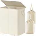 Lifewit Double Laundry Hamper with Lid and Removable Laundry Bags, Large Collapsible 2 Dividers Dirty Clothes Basket with Handles for Bedroom, Laundry Room, Closet, Bathroom, College, 155L Ivory White