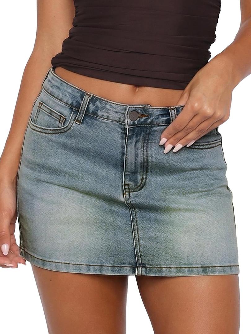 ELLEVEN Denim Mini Low Rise Skirt for Women Stretch Jean Skirt with Pockets | Womens High Stretch Denim Mini Skirt,Summer Bodycon Micro Sexy Short Skirts,Casual Cute Trendy Y2K Fashion Style (Blue, M)
