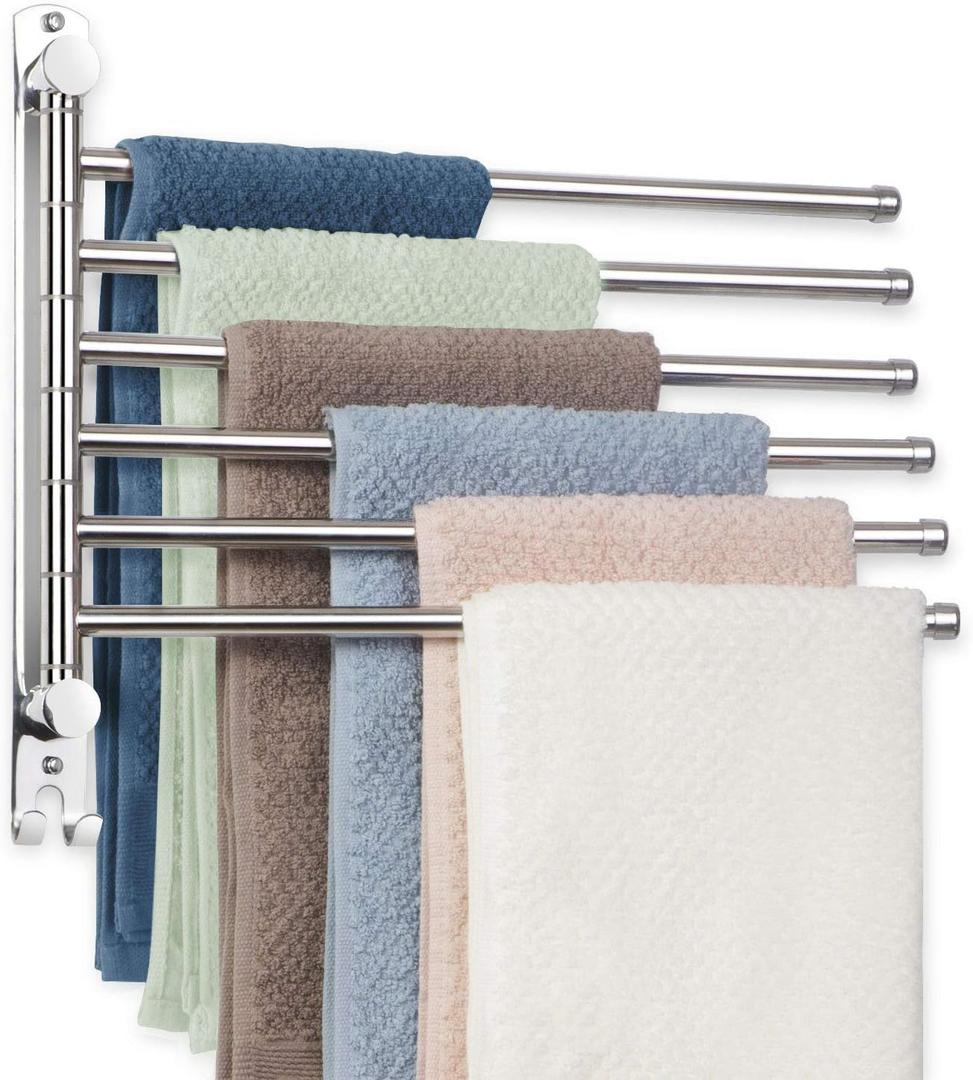 Towel Rack Wall Mounted JSVER Bathroom Towel Rack, Space Saving Towel Holder, 13.4 Inches Swivel SUS304 Stainless Steel Towel Bar, 180 Rotation 6 Arms Towel Racks for Bathroom