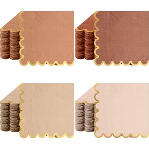 100 Pack Scalloped Cocktail Napkins with Gold Foil Accents Beverage Napkins Scalloped Disposable Paper Napkins for Wedding Shower Baby Dinner Birthday Party Supplies 5 x 5'' (Earth Tone)