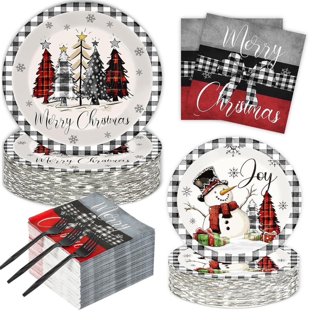 200 PCS Christmas Paper Plates Napkins Party Set Buffalo Plaid Xmas Tree Snowman Dinnerware Plate and Napkin Sets for Xmas Party Supplies Dinner Winter Decorations for 50 Guests