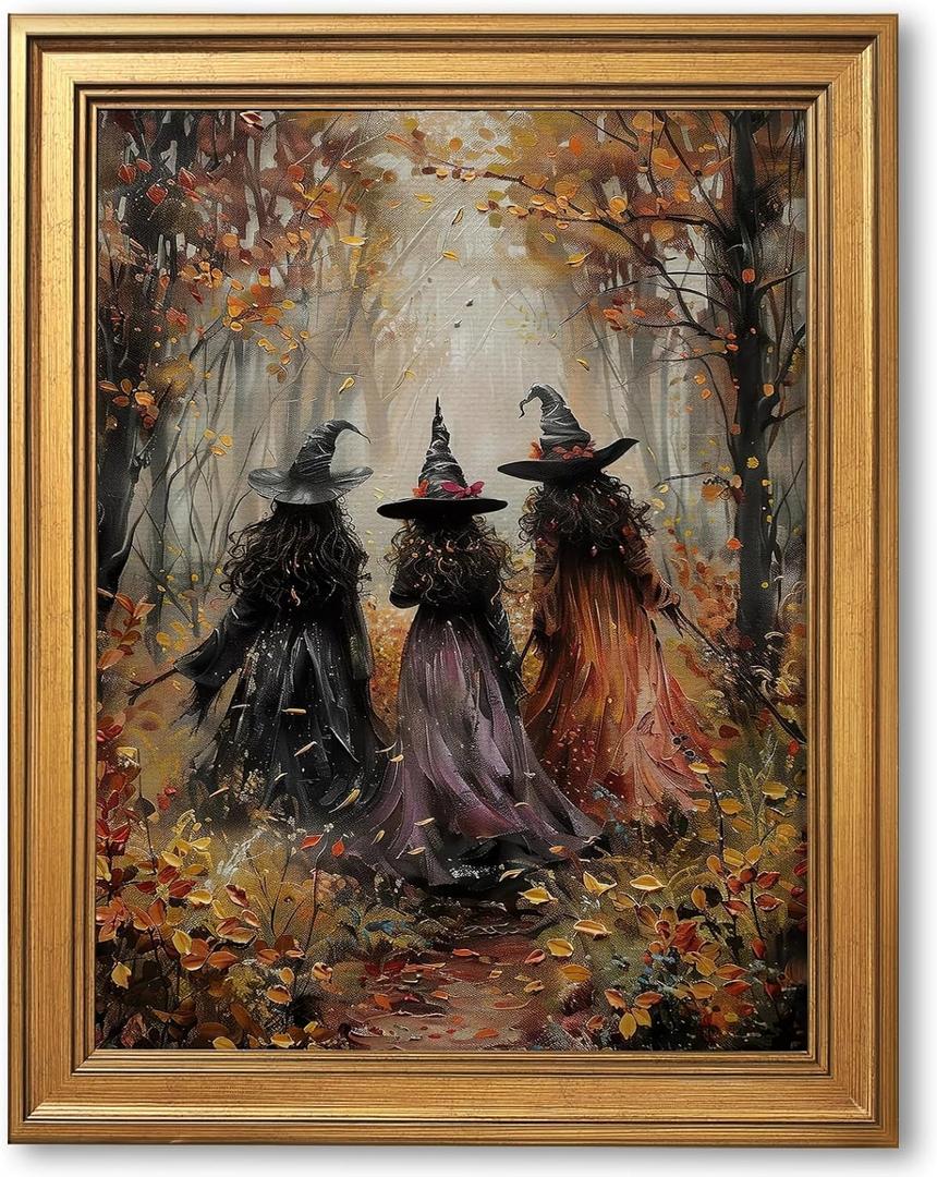 Framed Vintage Witch Poster Halloween Wall Art Retro Creepy Witchy Oil Painting Canvas Print Three Witches Forest Victorian Gothic Dark Moody Decor for Bedroom Gallery Rustic Wall 8x12inch