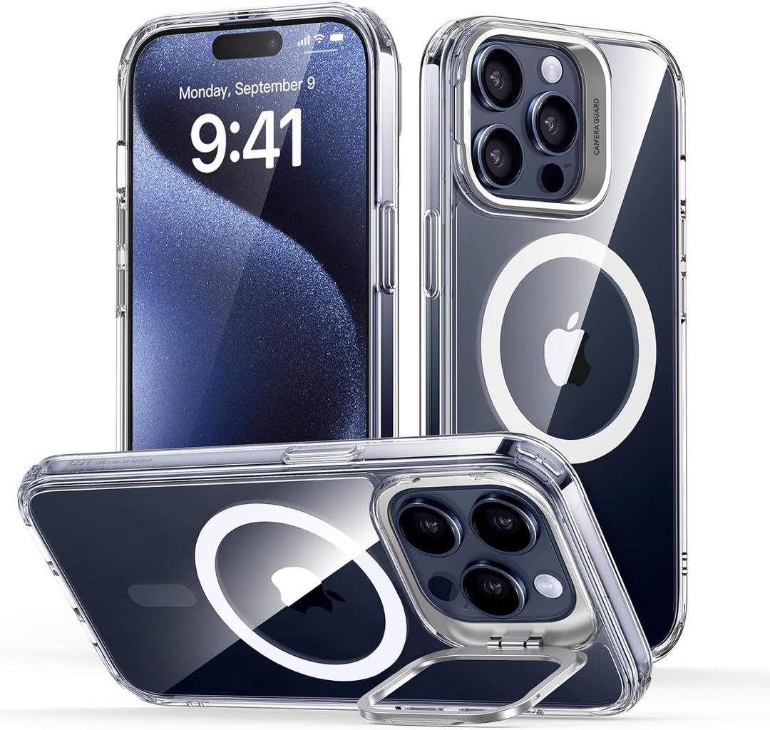 ESR for iPhone 15 Pro Max Case, Compatible with MagSafe, Military-Grade Protective Clear Case for iPhone 15 Pro Max,Built-in Stash Stand Phone Case, Scratch-Resistant Back Cover, Classic Series,Clear