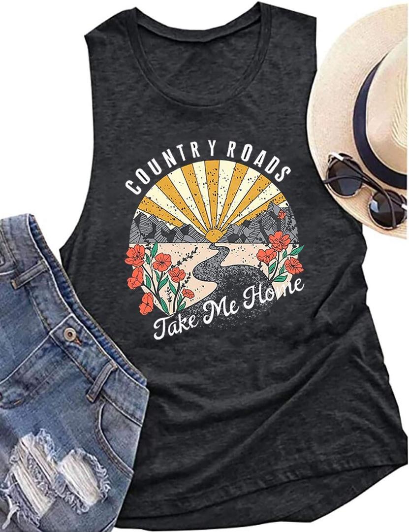 Country Roads Take Me Home Floral Tank Top for Women Hiking Mountain Sleeveless T Shirt Tees Camping Vest (Small, Dark Grey)