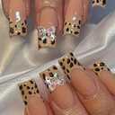 3 x Press on Nails Medium Square French Tip Fake Nails False Nails with Bow Leopard Print Designs Full Cover Acrylic Nails Stick on Nails Glossy Glue on Nails for Women Girls 24Pcs