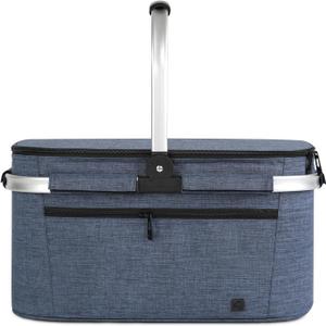 ALLCAMP Picnic Basket - 32L Insulated Cooler, Thickening Foldable Picnic Basket with Removable Baskets & Sewn-in Frame, Basket for House Warming Gifts New Home(Blue) (Large)