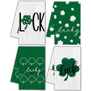 St Patricks Kitchen Towels, Green Clover Shamrock Lucky St. Patrick's Day Dish Towels Set of 4 Kitchen Decor, 16x24 Inch Holiday Seasonal Decorations (16x23.5 in)