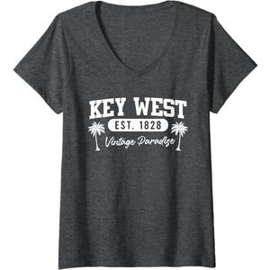 Womens KEY-WEST ESTABLISHED 1828 VINTAGE PARADISE Florida V-Neck T-Shirt, Size S