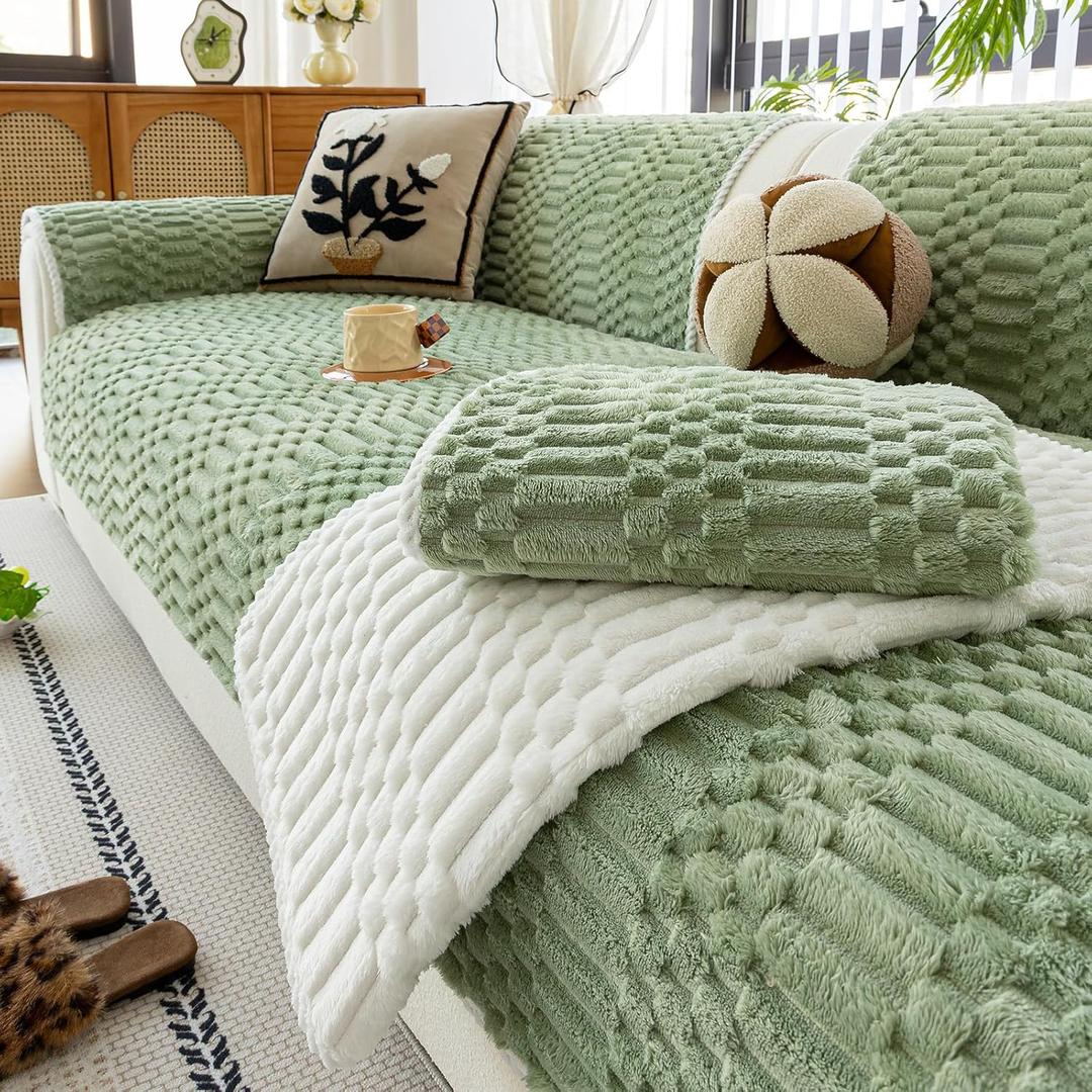 Plush Warm Sofa Covers Washable, Funny Fuzzy Couch Cover for Dogs Washable, Non-Slip Couch Covers for Loveseat, Soft Sofa Slipcover for Pet & Kid(1PC, Green, 36"71", 2-3 Seater)