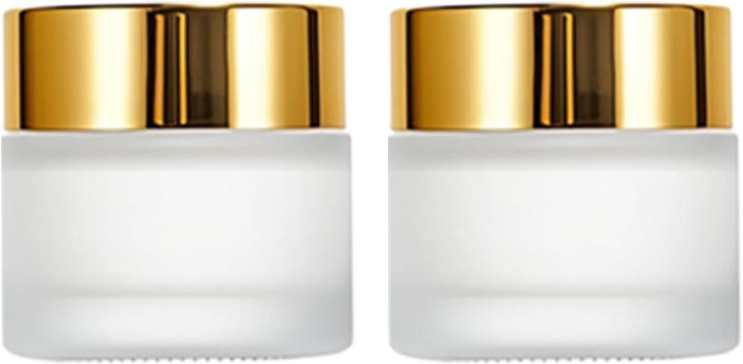 2Packs Empty Frosted Glass Jars 2Oz Refillable Makeup Sample Lotion Jars Airtight Glass Jar with Inner Liners and Golden Lids for Storage Lotions Powders Creams