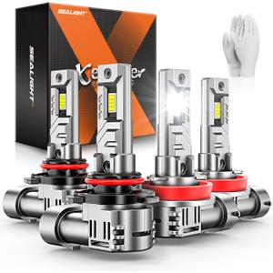 SEALIGHT 9005 H11 Bulbs, 96,000LM 900% Brightness HB3 H8/H9 Light Bulbs, 6500K Cool White Bulbs with 15000RPM Fan, Plug and Play ATV/UTV, 10-Year Extended Lifespan IP68 Waterproof, Pack of 4