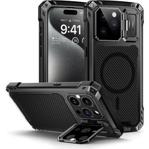 Lanhiem for iPhone 15 Pro Max Metal Case, [Built-in Camera Kickstand & Glass Screen Protector] Protective Heavy Duty Full Body Military Rugged Shockproof Magnetic Cover (Black)