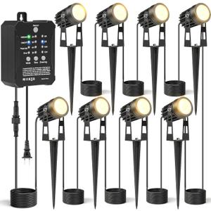 HIBOITEC Low Voltage Landscape Lighting with Transformer Photocell Sensor and Timer Spotlights Kit 68FT ETL Approved Wire Dimmable Waterproof 2700K for House Yard Trees Garden Plants Outdoor 8 Packs (Warm White)