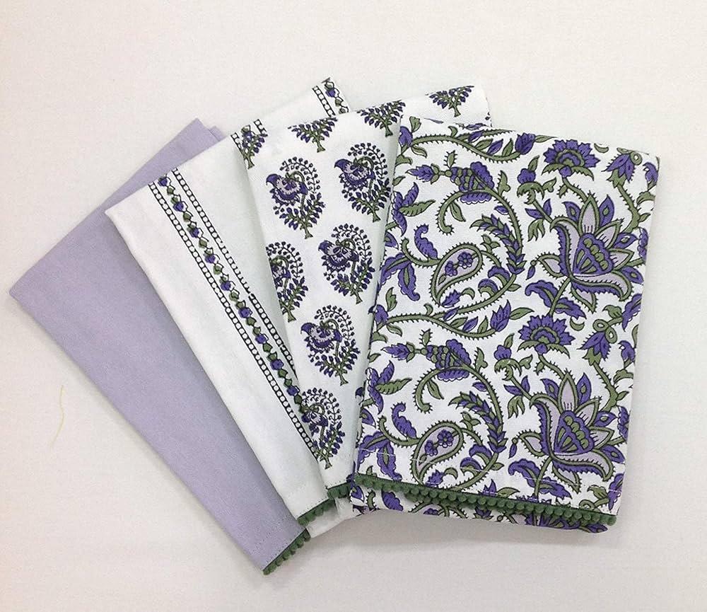 TARAN LIVING Printed Kitchen Dish Bar and Tea Towels Cotton, 18x28 inch with Trims, Cotton Dish Towel Sets (White & Purple, Set of 4)