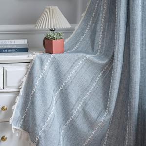 ColorBird Boho Curtains for Living Room, 2 Panels 63 inch Blue Darkening Drapes, Embroidered Striped Farmhouse Sliding Door Vintage Bohemian Curtain for Bedroom